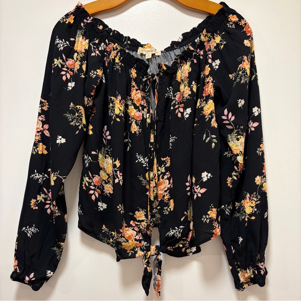 Black Floral Off-the-Shoulder Button Front Top